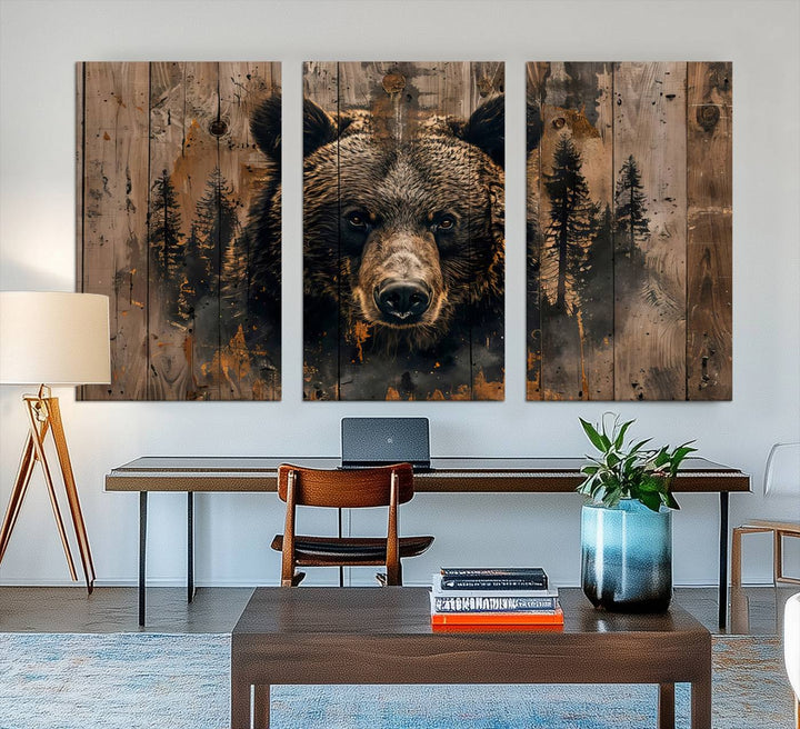 The bedroom showcases the Rustic Grizzly 399 Wall Art, a triptych canvas print that brings woodland charm to the space with its striking depiction of a bear. Elegantly displayed on a wooden wall, it enhances the rustic cabin feel.