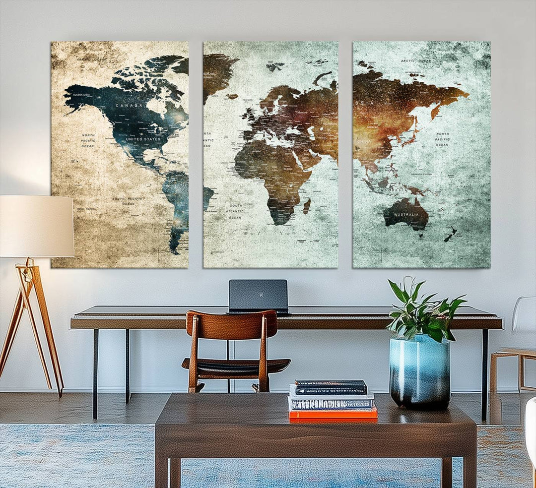 The Push Pin World Map Canvas Print serves as an ideal piece of wall art for travel lovers, showcasing vibrant colors and intricate details.