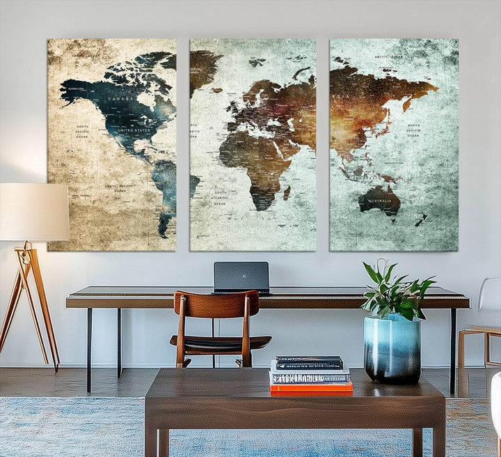 The Push Pin World Map Canvas Print serves as an ideal piece of wall art for travel lovers, showcasing vibrant colors and intricate details.