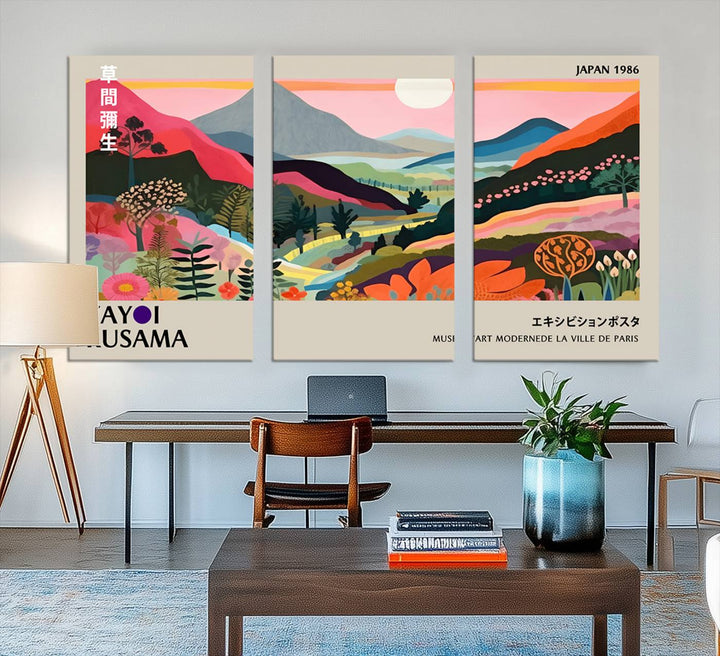 Vibrant abstract landscape canvas inspired by Yayoi Kusama, featuring mountains, trees, and flowers in a triptych style.