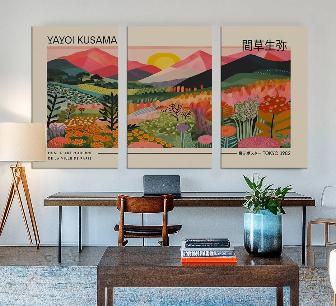 A vibrant abstract triptych features mountains, a sun, and plants in Yayoi Kusamas style with Japanese and French text included.