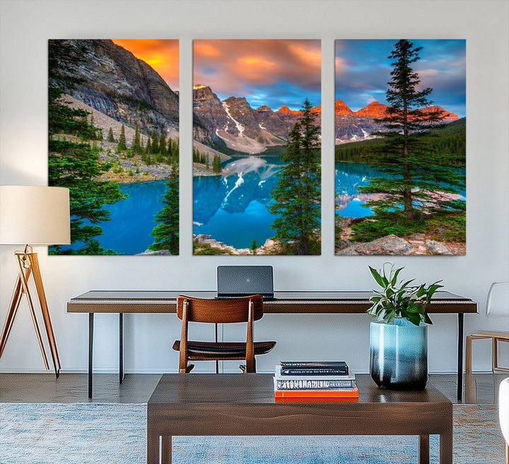 A kitchen featuring a Canadian Rockies Moraine Lake Wall Art Canvas Print displayed on the wall.