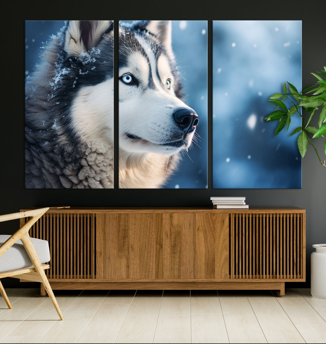 Art mural de loup Husky sibérien d'hiver Impression sur toile