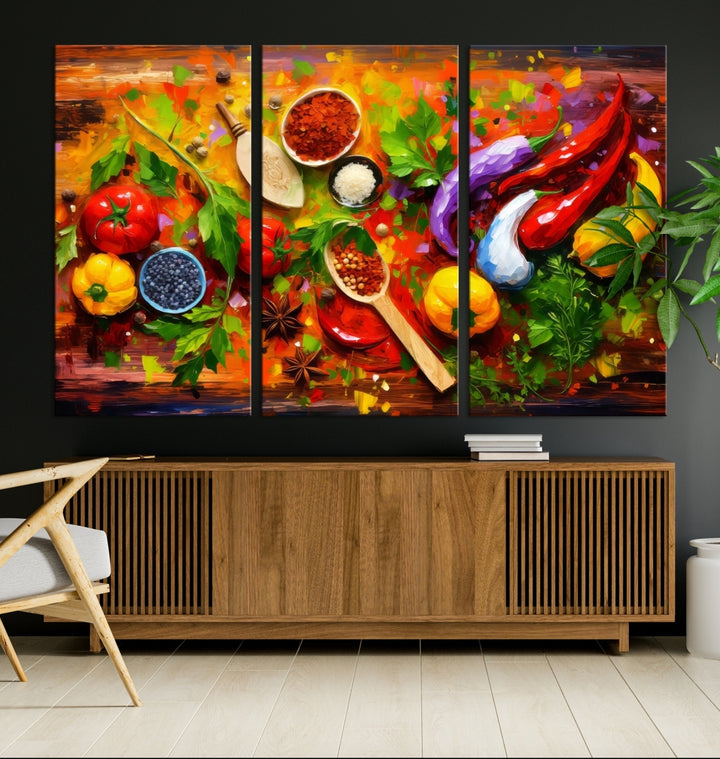 The "Herbs and Spices Culinary Art Foodie Kitchen Art" is a vibrant three-panel painting depicting various vegetables and spices on a wooden background, crafted on museum-quality canvas.