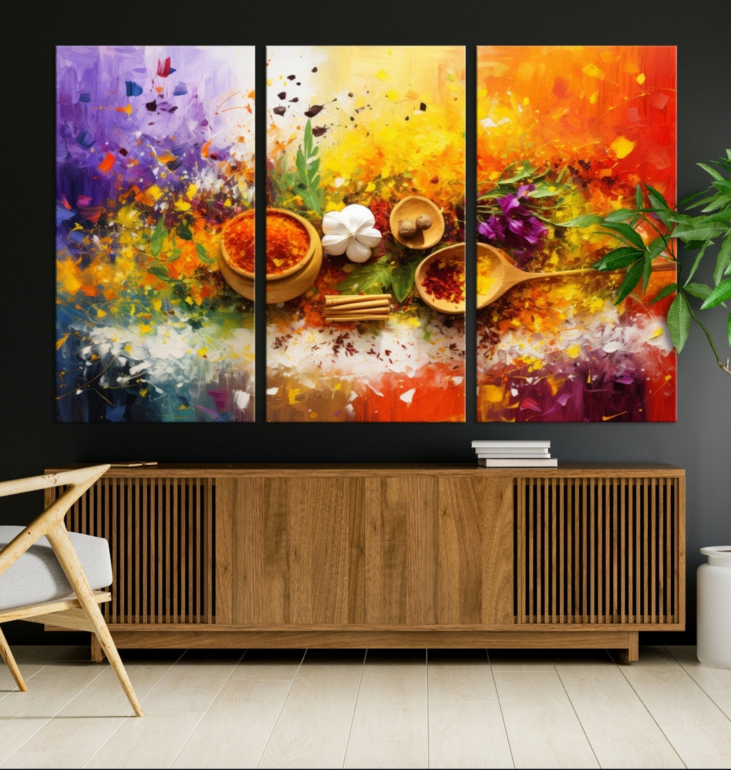 The Abstract Spoonful of Spice Art Print Kitchen Wall, featuring a colorful triptych design of spices and herbs on museum-quality canvas with a UV-protective coating, enhances the modern living room. It's ready to hang, adding a vibrant touch to the space.