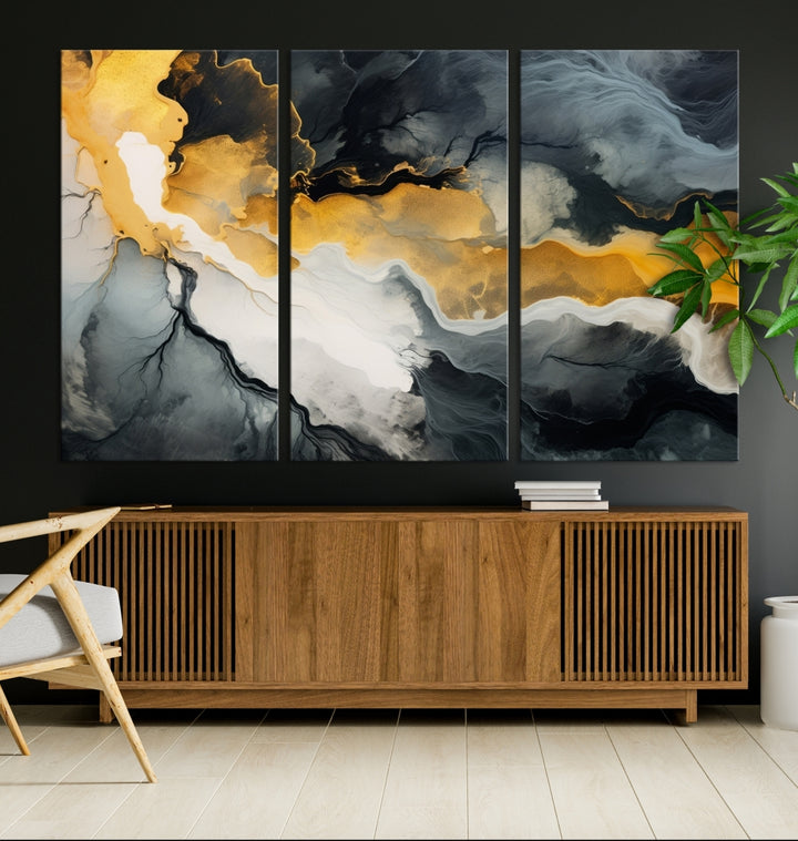 The Smoke Gray Green Golden Abstract Contemporary Art Canvas beautifully enhances a modern living room. Created on museum-quality canvas, this ready-to-hang artwork guarantees longevity and sophistication, perfectly aligning with the contemporary aesthetic.