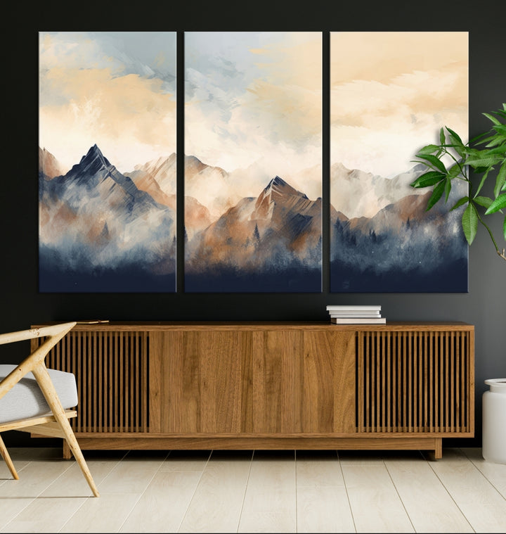 The Extra Large Abstract Mountain Wall Art, printed on museum-quality canvas, creates a stunning triptych. Set against a dark green wall, these ready-to-hang pieces bring an elegant touch to your décor.