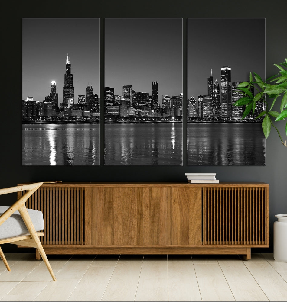 The Chicago Wall Art Canvas Print, a black and white triptych of a city skyline, adorns the space. This museum-quality canvas art arrives ready to hang, effortlessly merging sophistication with contemporary design.