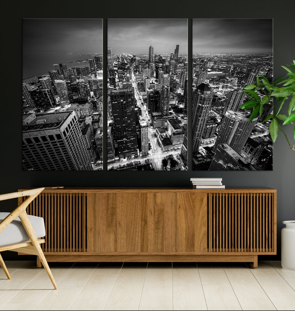 A Chicago Wall Art Canvas Print, specifically the Chicago City Night Canvas Print, is displayed in handcrafted frames.