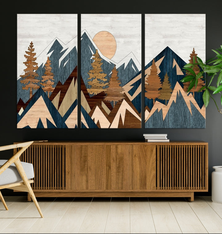 The Abstract Wood Panel Effect Mountain Range Top Wall Art Canvas Print is a striking three-panel art piece featuring mountains, trees, and the sun. Each canvas is gallery wrapped on museum-quality materials and comes with UV protection to ensure durability and preservation.