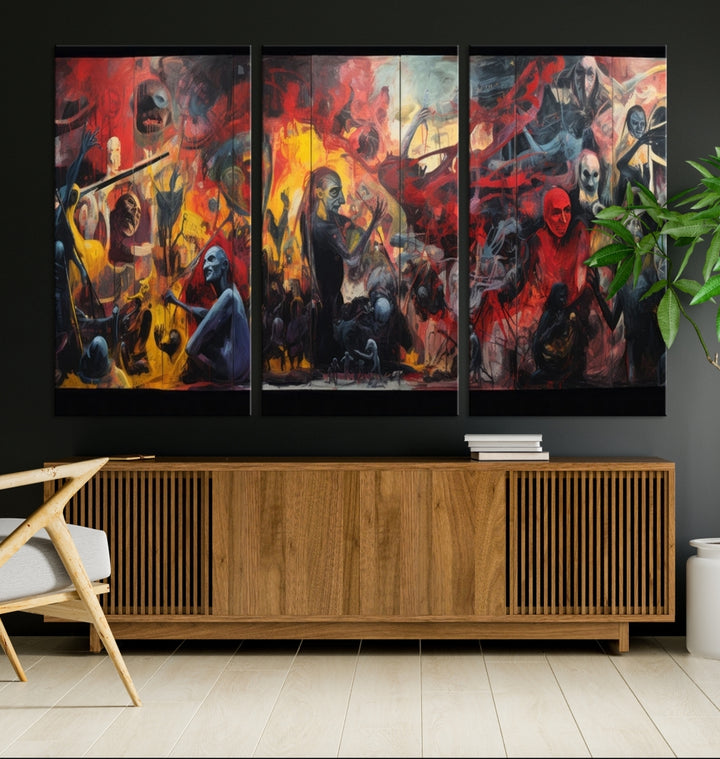 A vibrant Abstract Graffiti Wall Art triptych made of premium canvas, handmade in the USA, adorns the living room.