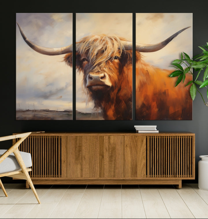 Triptych canvas wall art featuring a majestic abstract Highland longhorn cow with long horns and a flowing coat, set against a serene, natural backdrop.