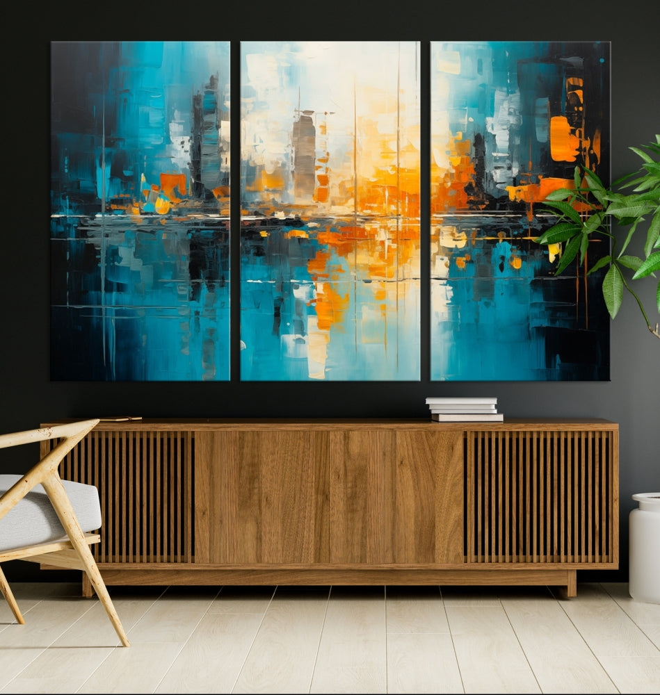 The Large Modern Abstract Wall Art Canvas Print, gallery wrapped on museum-quality canvas, enhances the modern living room setting.