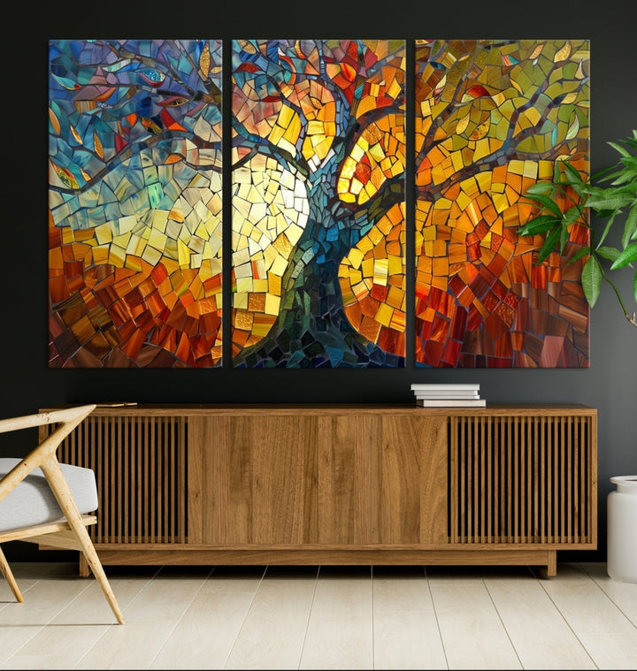 The dining area features the Mosaic Tree Canvas Wall Art, showcasing a vibrant stained glass-inspired Tree of Life called Yggdrasil with colorful leaves.