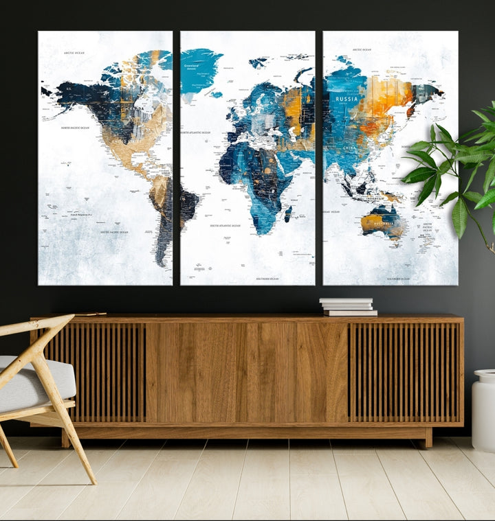 The World Map Turquoise Orange Wall Art Canvas Print, a triptych crafted on museum-quality canvases, adds aesthetic appeal and durability to the space.