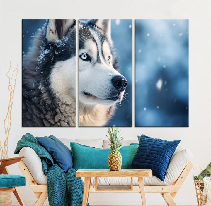 Art mural de loup Husky sibérien d'hiver Impression sur toile