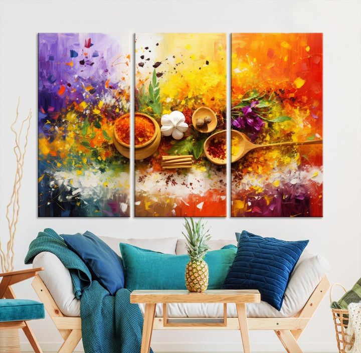 The Abstract Spoonful of Spice Art Print Kitchen Wall, featuring a colorful triptych design of spices and herbs on museum-quality canvas with a UV-protective coating, enhances the modern living room. It's ready to hang, adding a vibrant touch to the space.