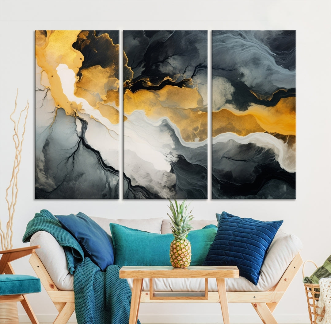 The Smoke Gray Green Golden Abstract Contemporary Art Canvas beautifully enhances a modern living room. Created on museum-quality canvas, this ready-to-hang artwork guarantees longevity and sophistication, perfectly aligning with the contemporary aesthetic.