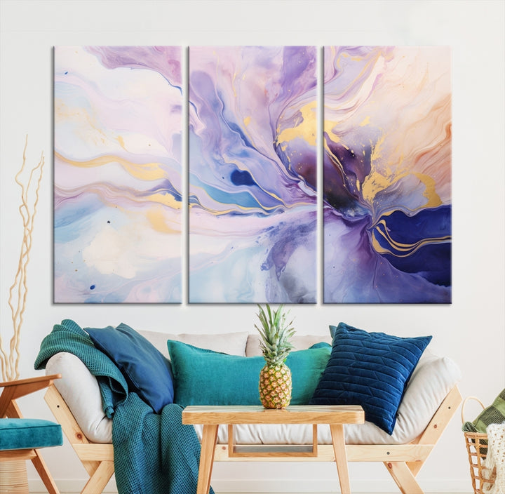 In the modern living room, a captivating Purple Color Abstract Wall Art Print graces the walls, mounted on museum-quality canvas, infusing the space with an artistic flair.