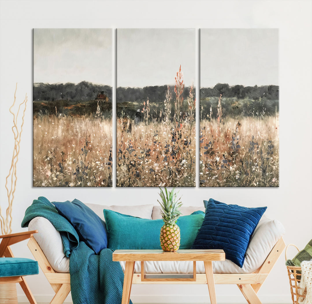 Abstract Field Wall Art Canvas Print, Landscape Wall Art Wildflower Field Country Home Decor