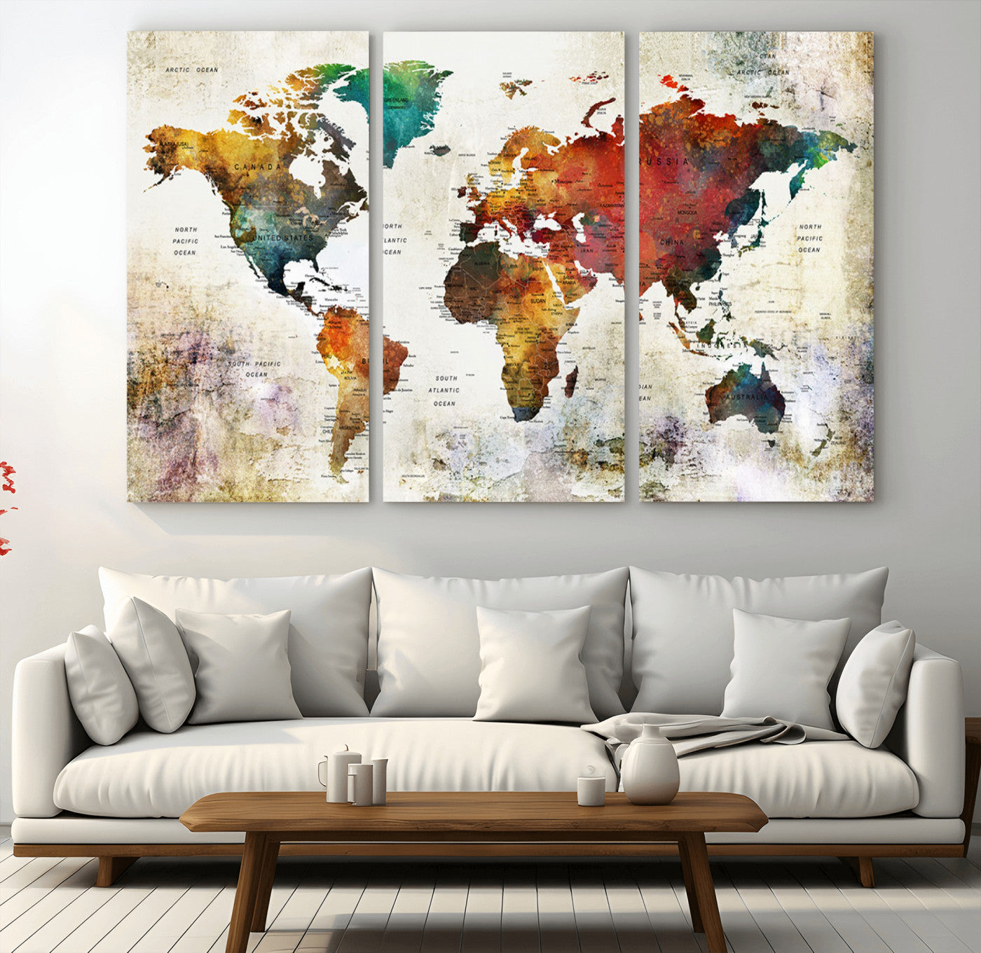 92207-MGV-CV-36X24-Watercolor World Map Canvas Print – Framed Push Pin Wall Art for Couples, Artistic Travel Map for Modern Home and Office Decor