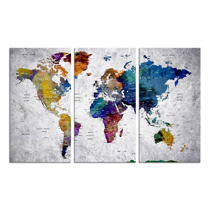 The World Map Art Canvas Print, featuring country names on a grunge-stained gray background, is perfect for stylish home decor.