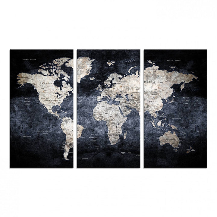 Rustic Black and Bronze World Map Canvas Triptych features white continents on a grunge-stained background.