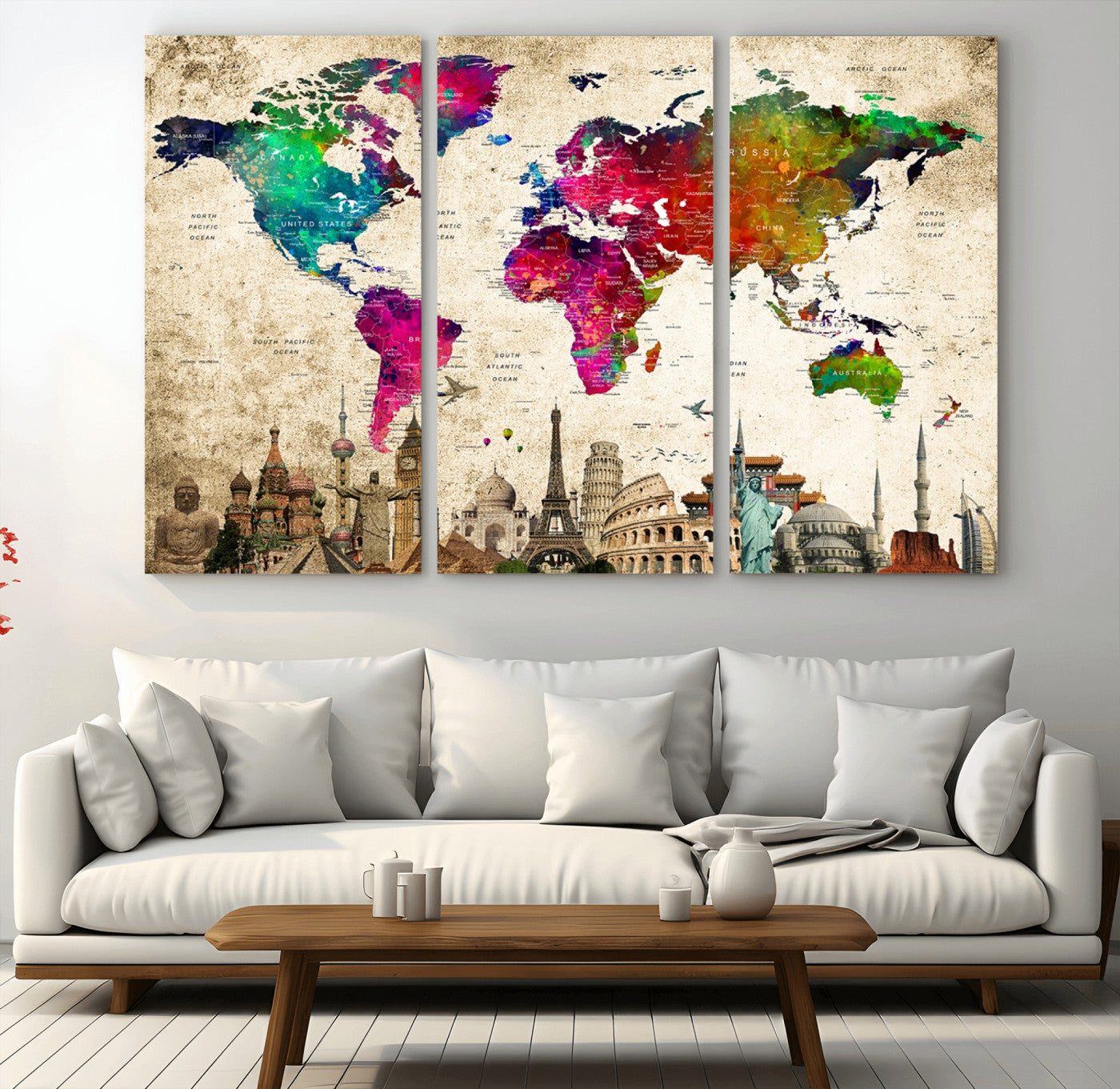 MGV-CV-48X32-3P - Push Pin World Map Canvas Print – Framed Wall Art for Couples to Track Their Travels – Anniversary