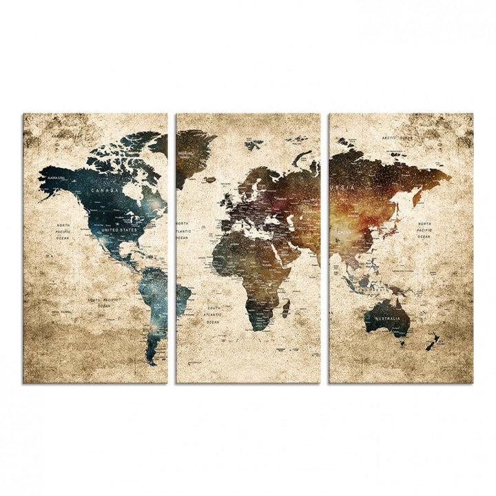 Grunge World Map Canvas featuring earth-toned continents, suitable for study, office, or living room.