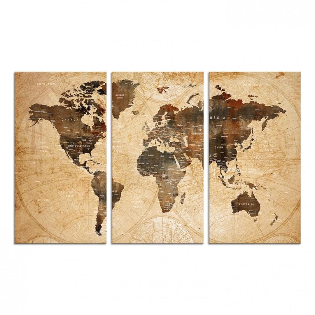 Vintage World Map: 3-Panel Canvas Print in antique rustic style. Framed and gallery wrapped. Ideal for decor.