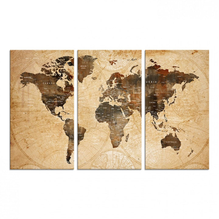 Vintage World Map: 3-Panel Canvas Print in antique rustic style. Framed and gallery wrapped. Ideal for decor.