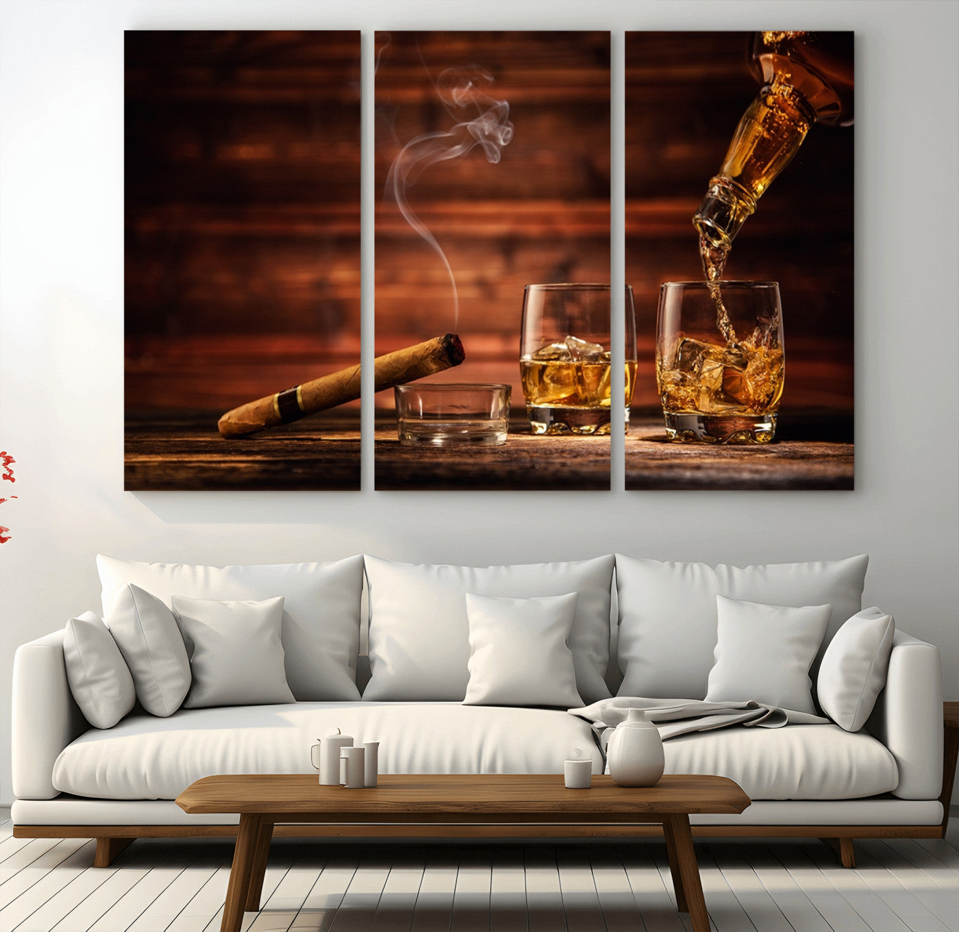MGV-CV-48X32-3P - Whiskey and Cigar Wall Art Canvas | 3 Panel Bar Room Decor for Home Lounge, Office, or Man Cave |