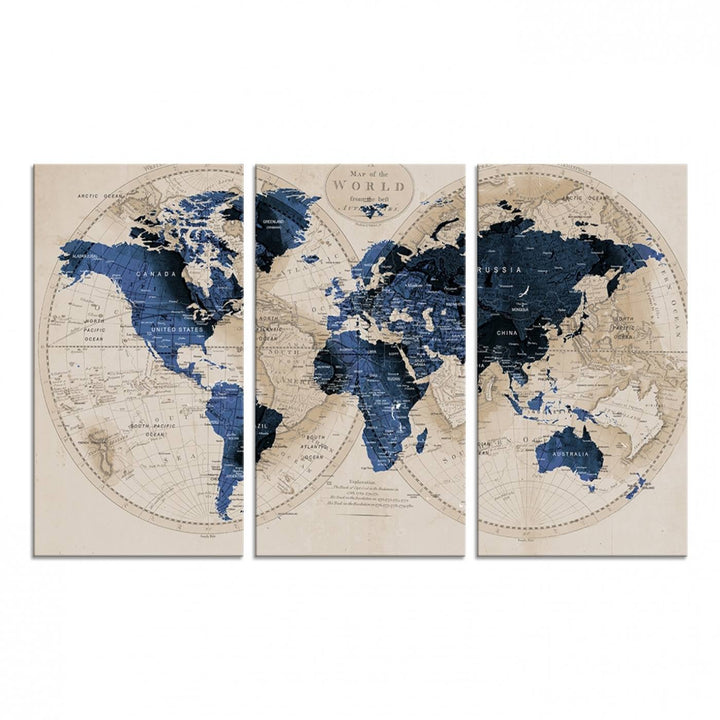The Vintage Triptych Map Print is a grunge-stained blue and beige world map, perfect for enhancing wall decor.