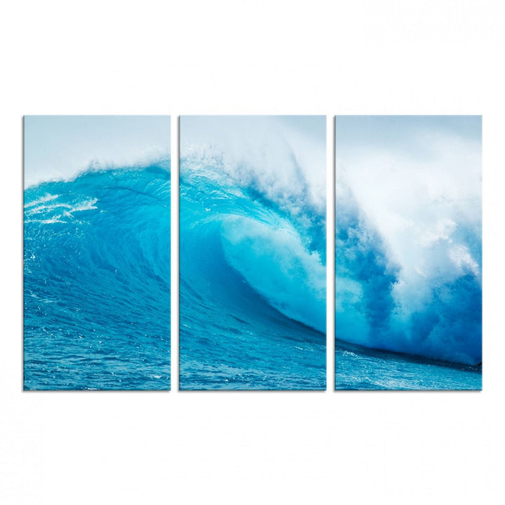 A museum-quality canvas depicting a vibrant blue ocean wave with white foam under a clear sky.