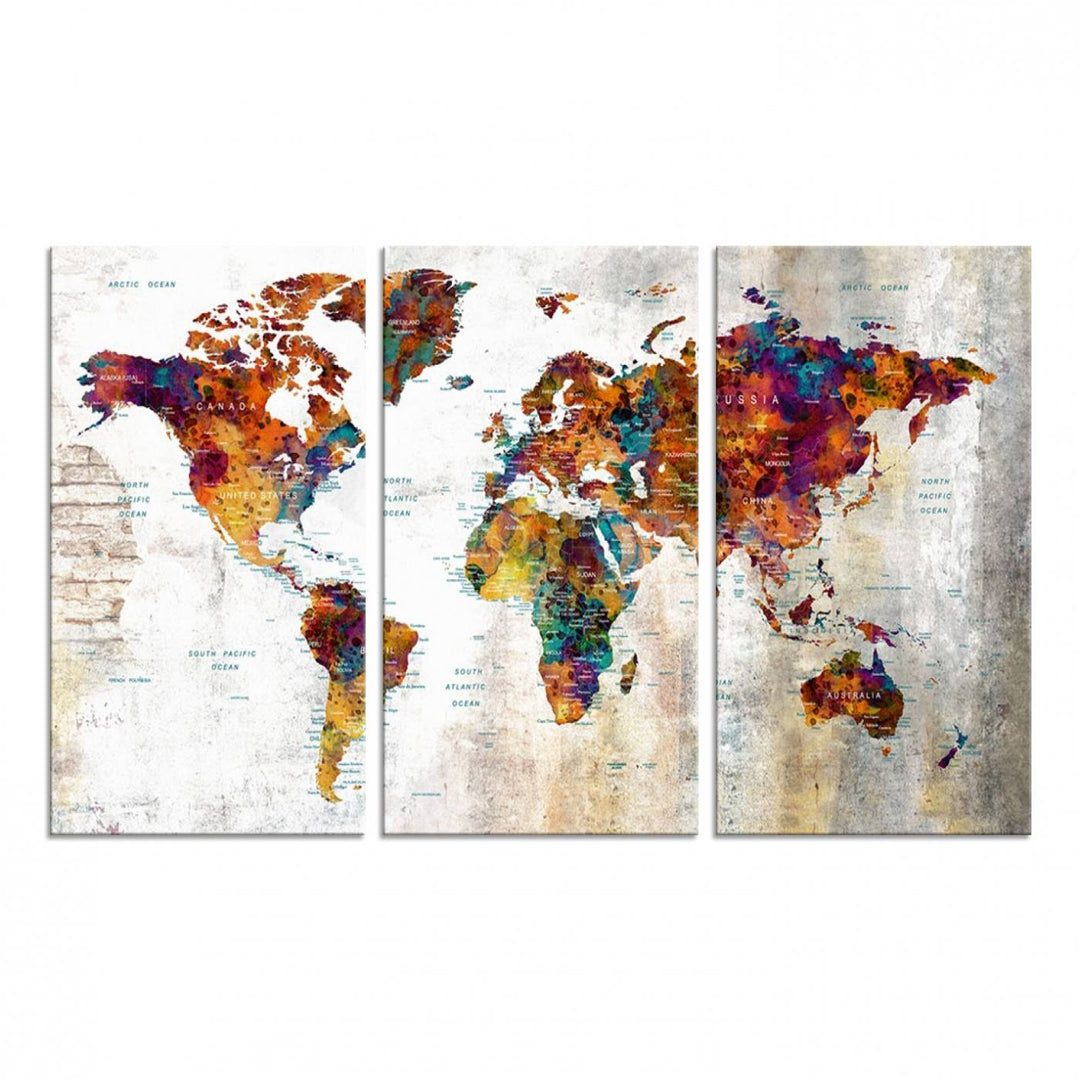 A vibrant Grunge Map Canvas Wall Art Set (3 Panels) for home or office decor, perfect for travel enthusiasts.