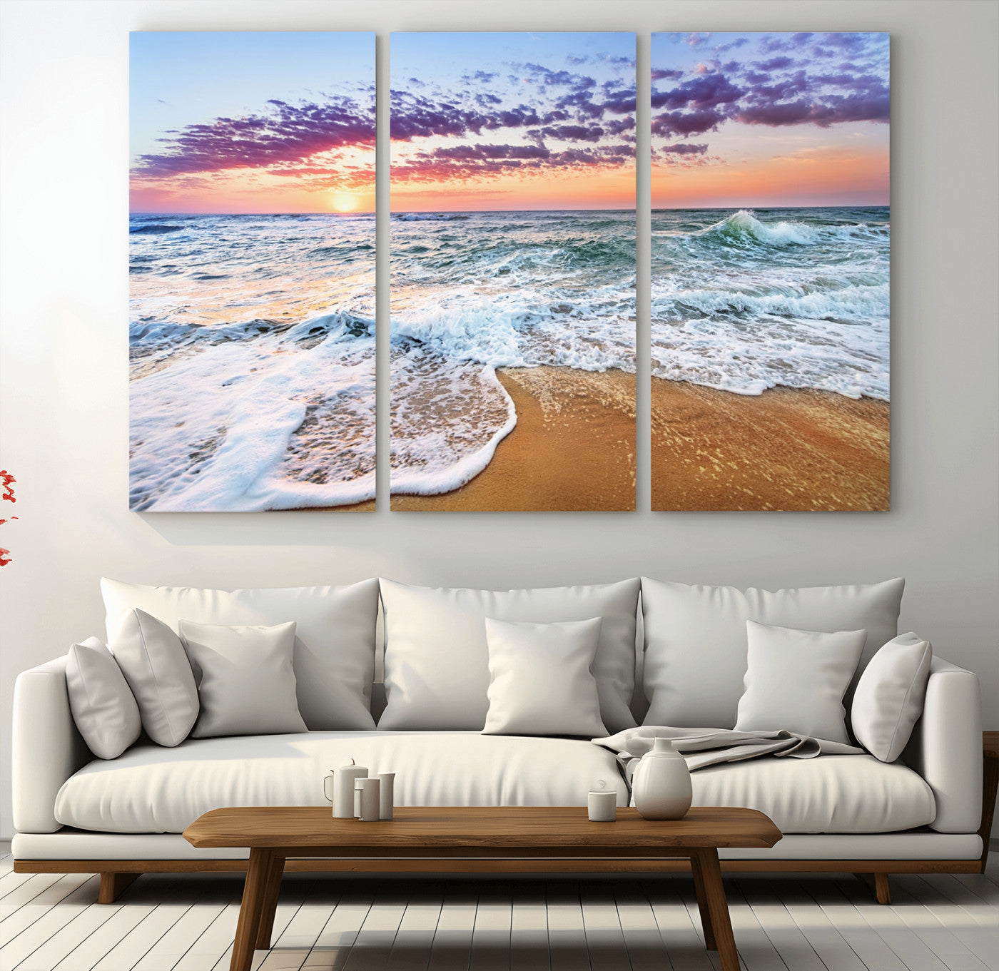 MGV-CV-48X32-3P - Coastal Sunset Art Beach Canvas Wall Art Print | Ocean Waves Wall Art | Large 3-Panel Seascape for