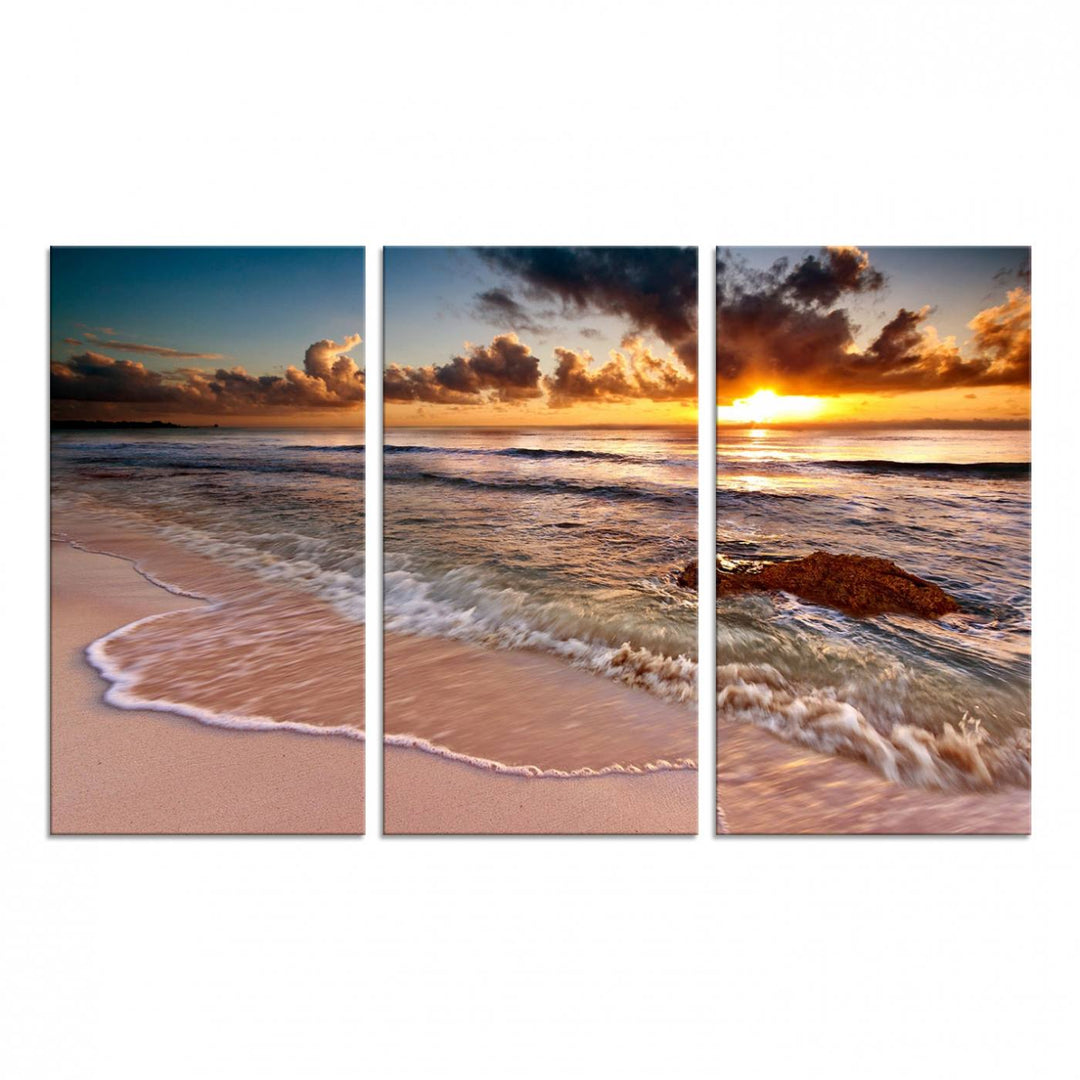 The Sunset on Ocean Wall Art Canvas Print beautifully captures a beach sunset, gentle waves, and a peaceful atmosphere.