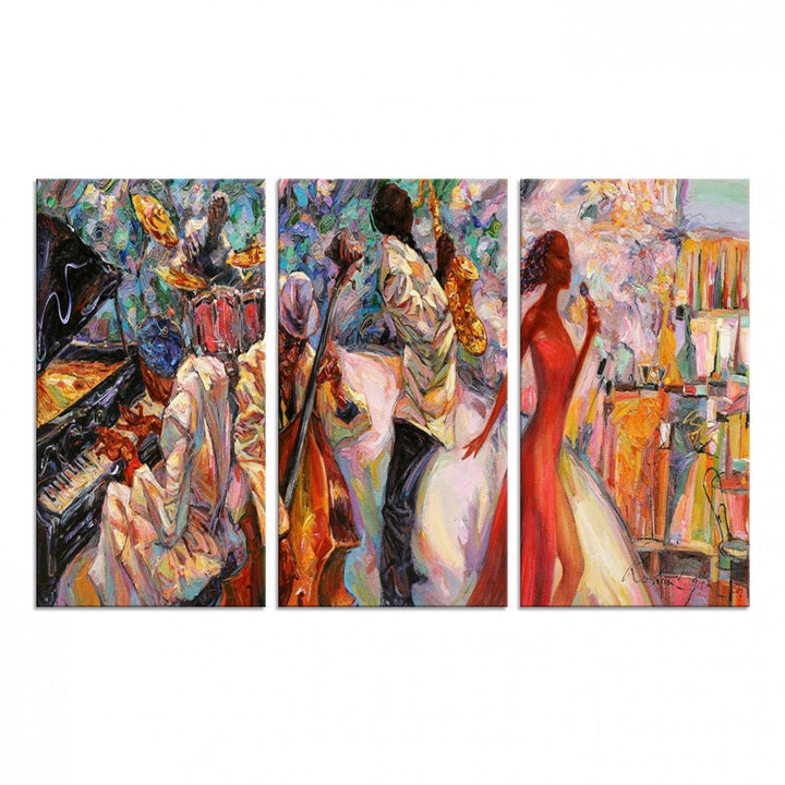 The Abstract Afro American Jazz Canvas captures a vibrant jazz band and showcases a woman dancing in red, making it perfect for dining or music spaces.