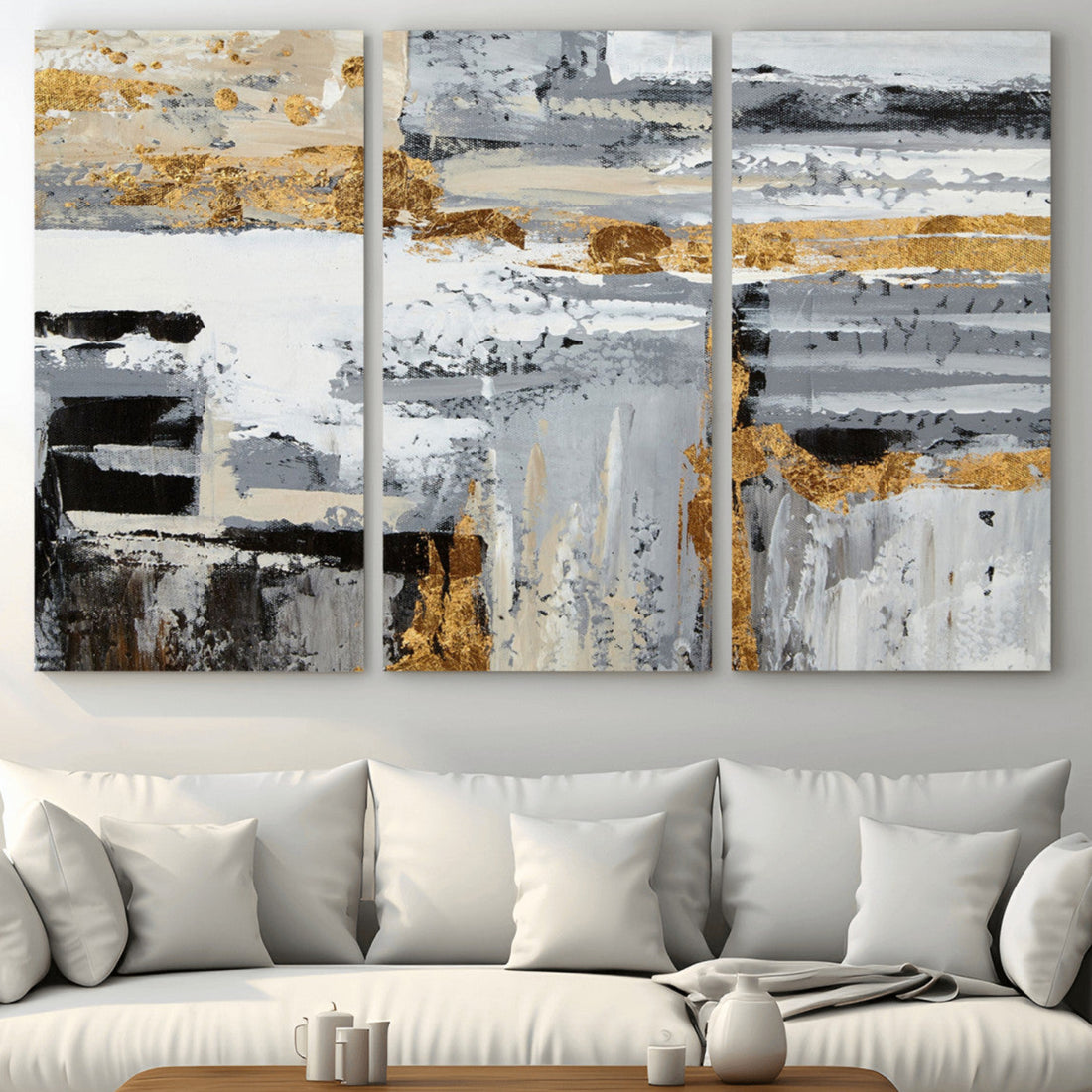 Abstract Painting Canvas Wall Art Print | Gray Paint Drip and Brush Strokes Art