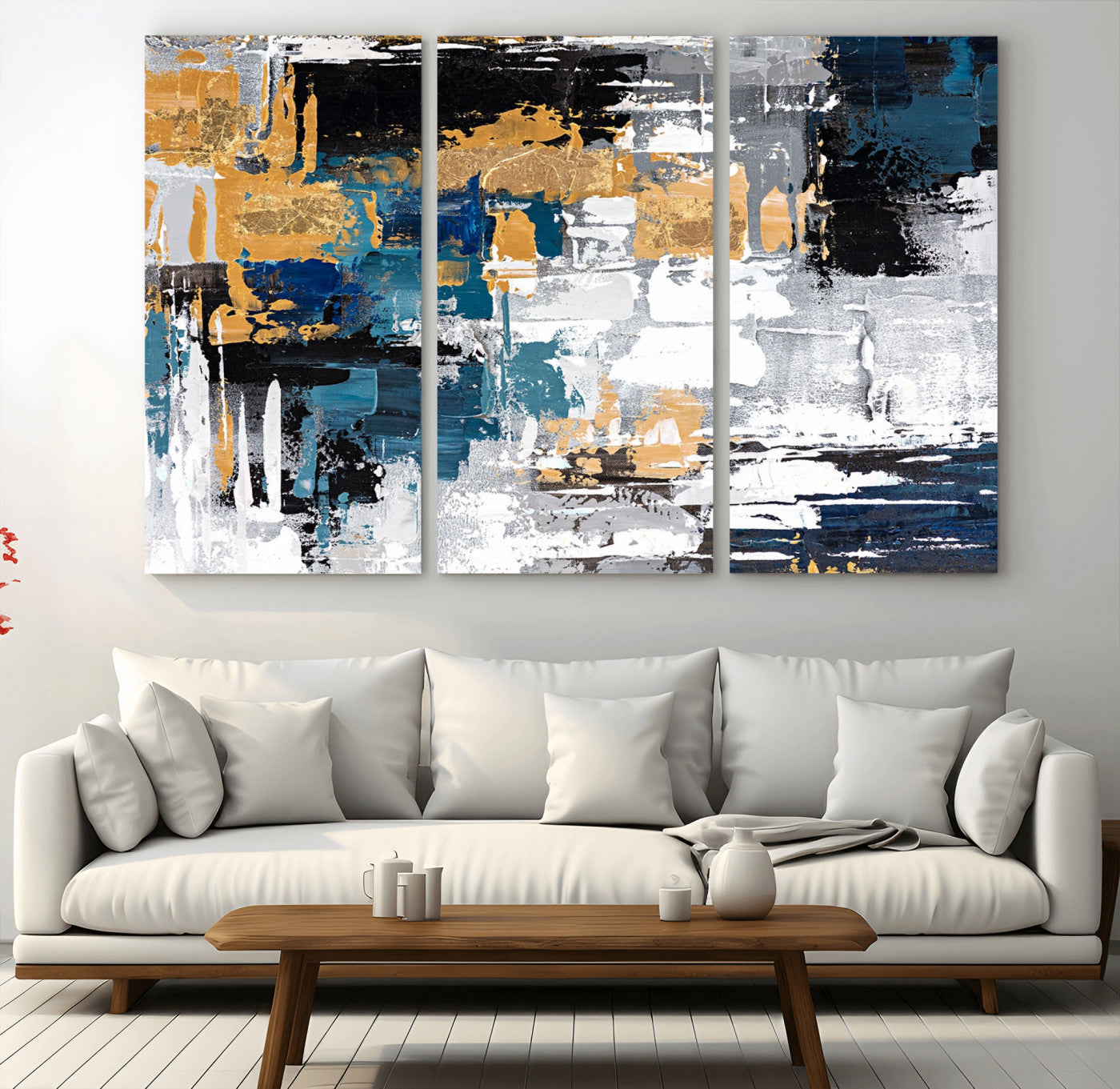 -Blue and Gold Abstract Canvas Wall Art – Triptych Modern Painting for Living Room – Framed and Ready