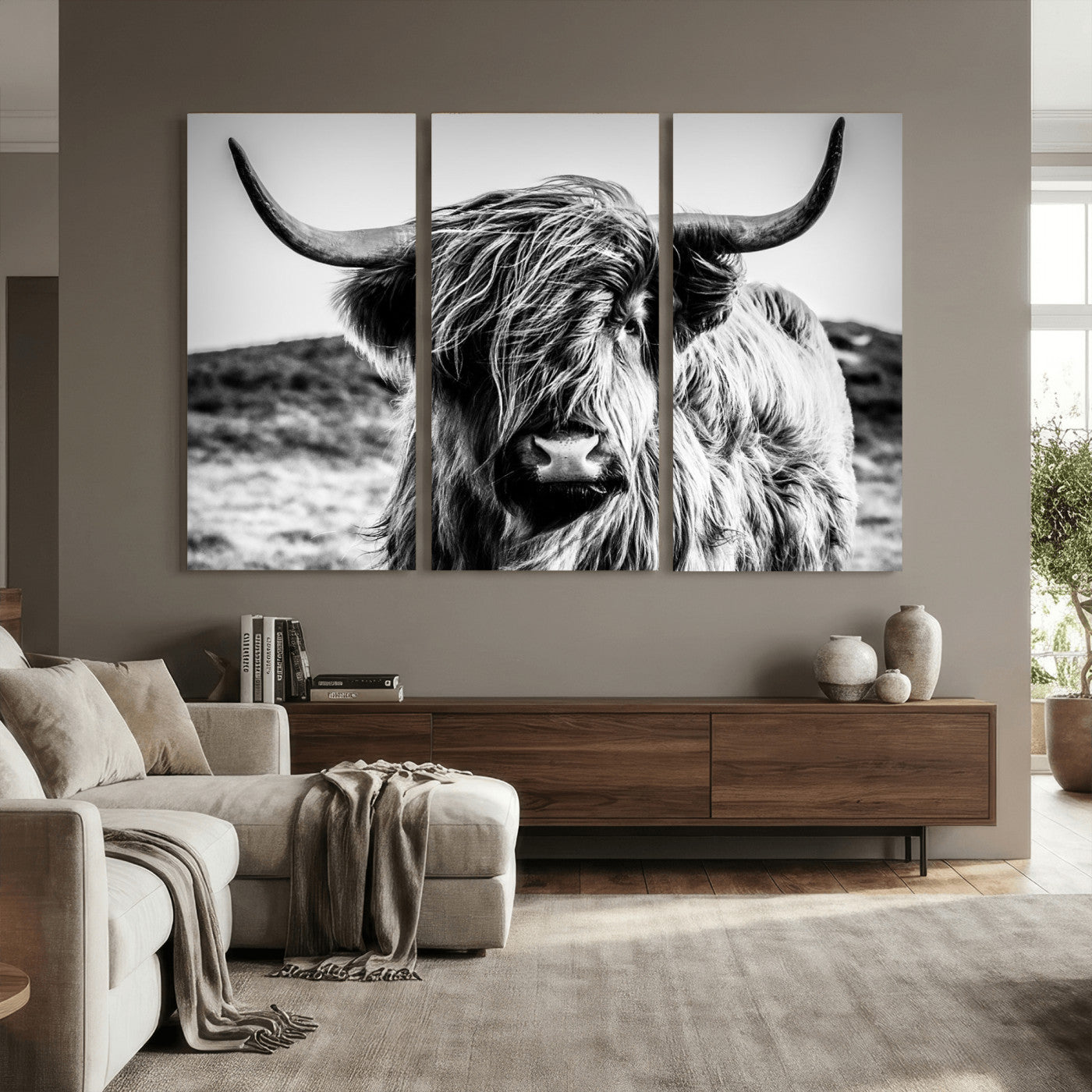 36979-MGV-CV-36X24 - Handsome Scottish Cow Black and White Wall Decor Canvas Art Print Extra Large Wall Art Highland Cattle Canvas Picture Animal Art Nature Photography High Quality Original Canvas Framed Ready to Hang