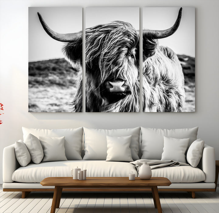 Highland Cow Wall Art | 3-Panel Black and White Highland Cow Canvas Print for Western Farmhouse Decor