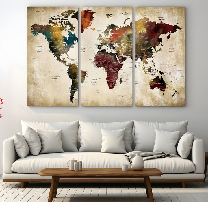 Large World Map Wall Art Canvas Print, Push Pin Map Print, Framed Abstract Traveller Map Art Print, Large Watercolor World Map Printing Perfect for Modern Decor