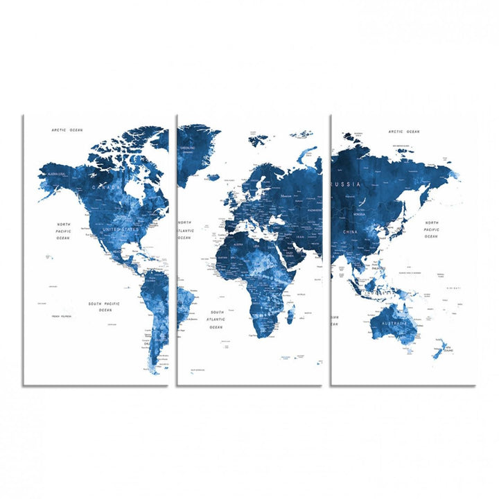 Navy Blue Wall Art World Map Canvas Print, an ideal piece for anyone seeking unique home or office decor.