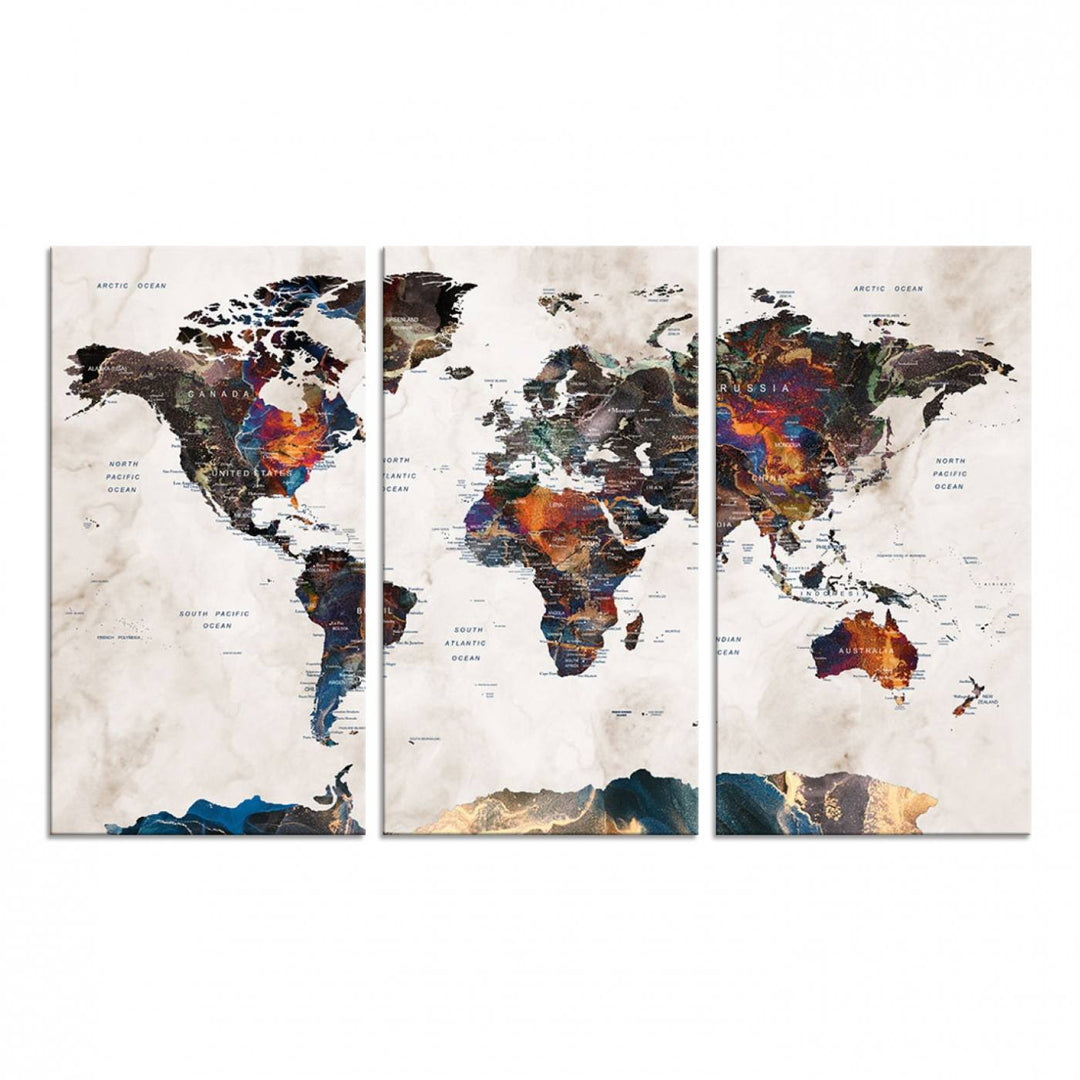 Watercolor World Map Canvas Print in earthy hues with a grunge background, ideal for wall decor.