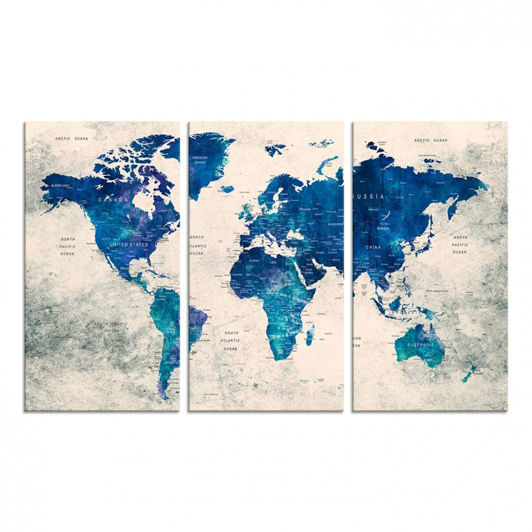 Navy Blue Push Pin World Map Canvas Print featuring a grunge-stained background, with labeled countries and oceans.