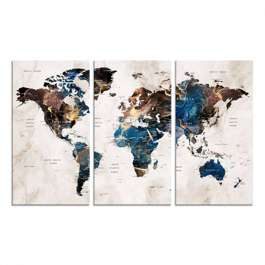 Abstract earth-toned 3-panel world map wall art featuring blues and browns, ready to hang; it showcases continents on modern canvas.