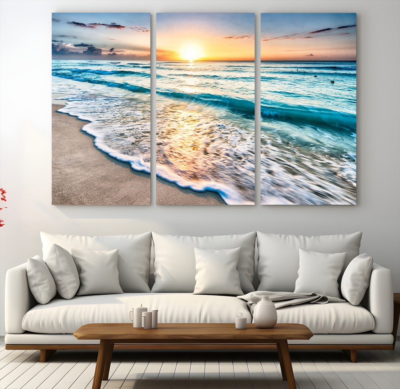 27815-MGV-CV-60X40-3P-Sunset Beach Waves Canvas Wall Art – 5-Panel Ocean Sunset Print – Coastal Decor for Living Room or Bedroom – Ready to Hang