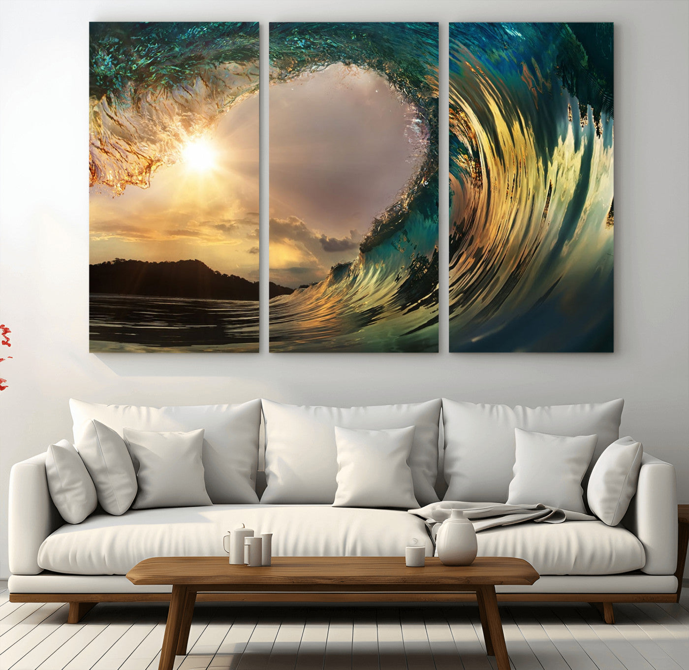 MGV-CV-48X32-3P - Golden Wave Sunset Giclee Canvas Print – Large Coastal Wall Art for Nature Lovers, Captivating Ocean Wave Decor