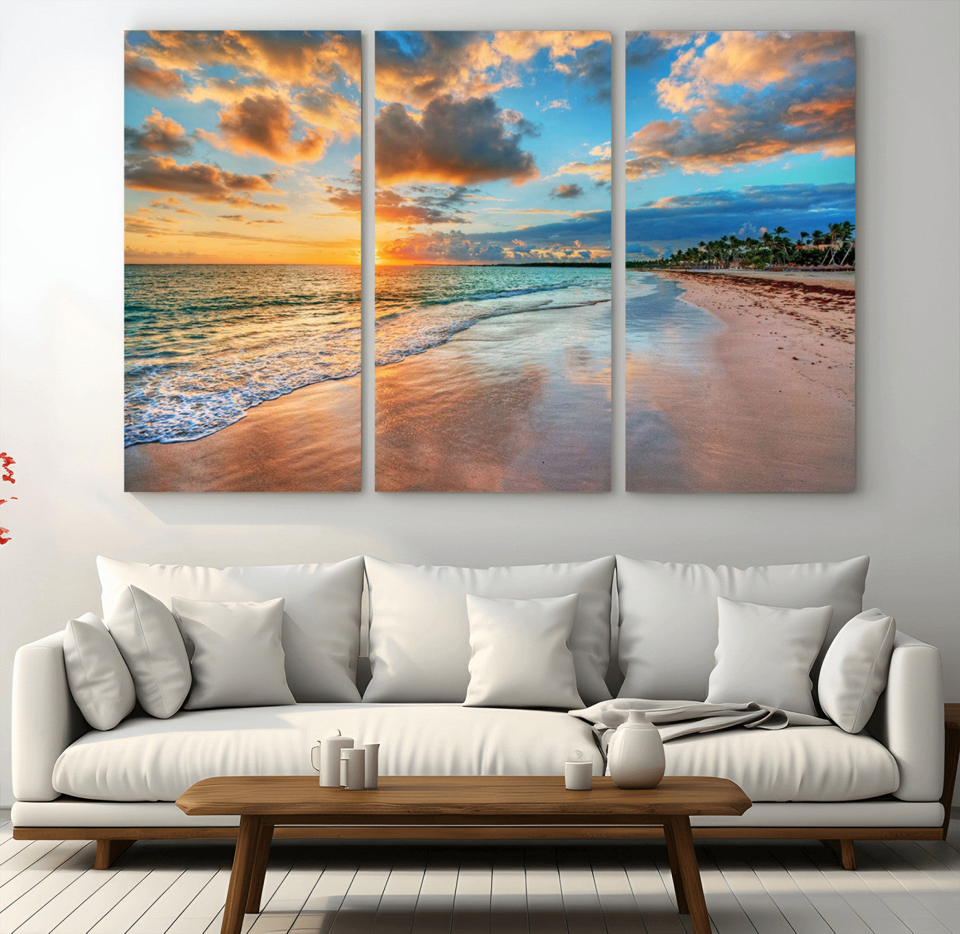 41572-MGV-CV-36X24-Sunset Beach Canvas Wall Art – Tropical Triptych Seascape Print – Coastal Ocean Decor for Living